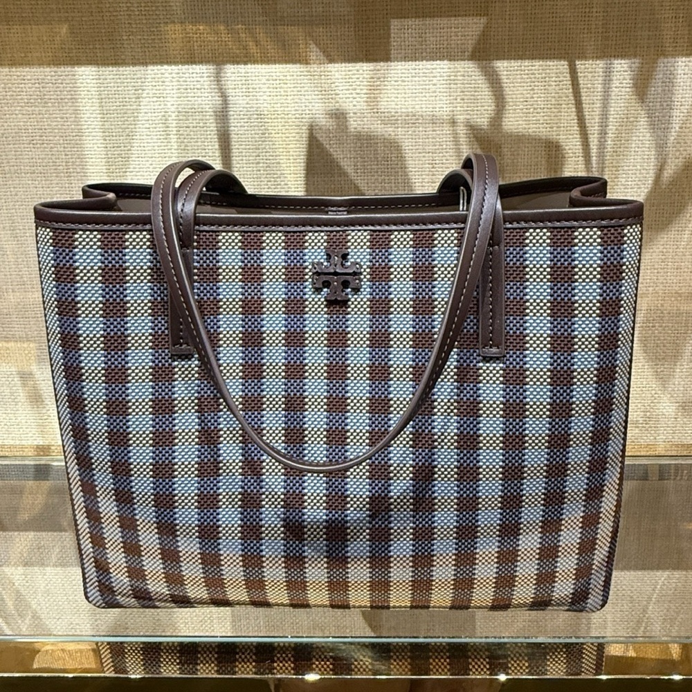 New Tory Burch Blake Plaid Zip Tote Blue Multi Woven Nylon Lightweight